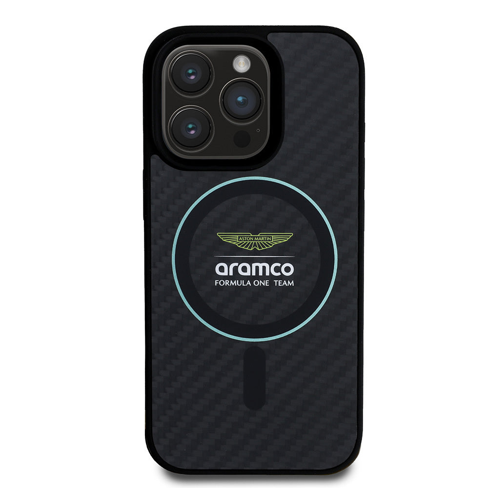 Apple iPhone 16 Pro Max Kılıf Aston Martin Orjinal Lisanslı M-safe Şarj Özellikli Renkli Halka ve Karbon Fiber Tasarımlı Kapak