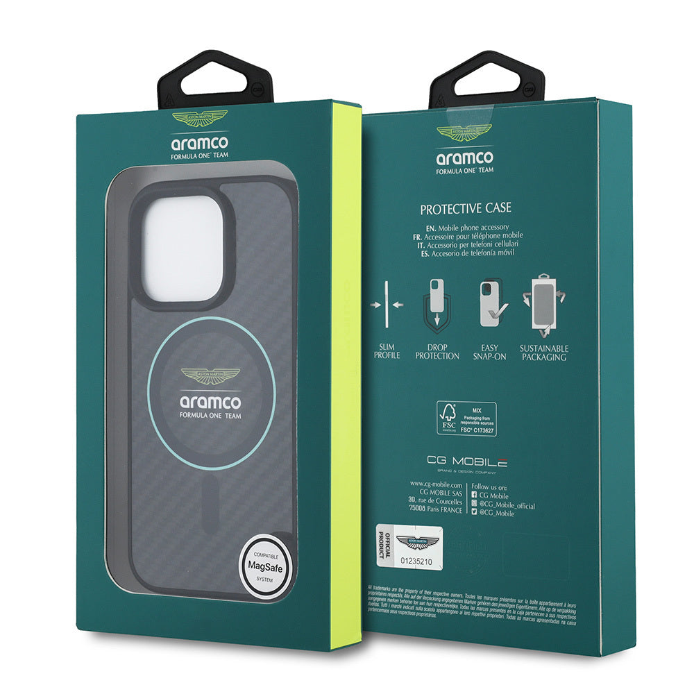 Apple iPhone 16 Pro Max Kılıf Aston Martin Orjinal Lisanslı M-safe Şarj Özellikli Renkli Halka ve Karbon Fiber Tasarımlı Kapak Siyah-Yeşil