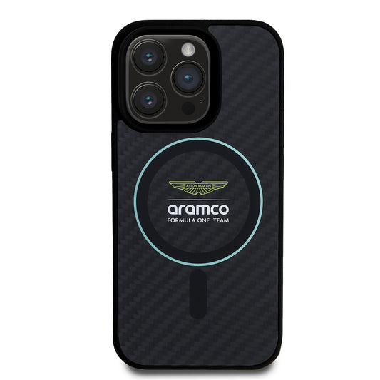 Apple iPhone 16 Pro Max Kılıf Aston Martin Orjinal Lisanslı M-safe Şarj Özellikli Renkli Halka ve Karbon Fiber Tasarımlı Kapak
