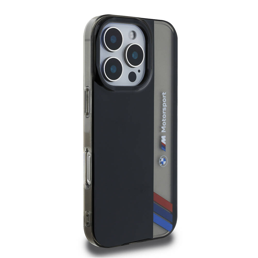 iPhone 16 Pro Max Kılıf BMW Orjinal Lisanslı M Logolu Üç Renk Çizgili Motorsport Vertical Stripe Kılıf Siyah
