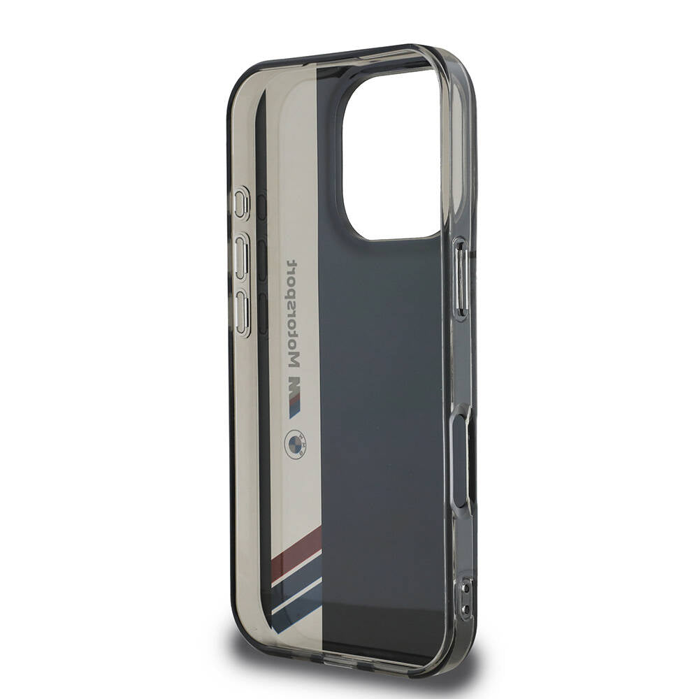 iPhone 16 Pro Max Kılıf BMW Orjinal Lisanslı M Logolu Üç Renk Çizgili Motorsport Vertical Stripe Kılıf Siyah