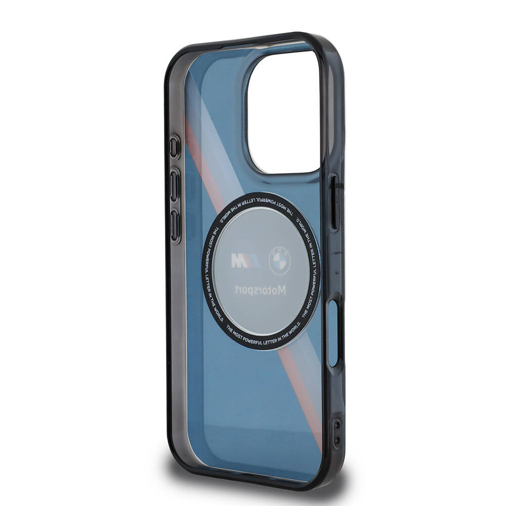 iPhone 16 Pro Max Kılıf BMW Orjinal Lisanslı Magsafe Şarj Özellikli M Logolu Üç Renk Çizgili Motorsport Circle Kılıf Siyah