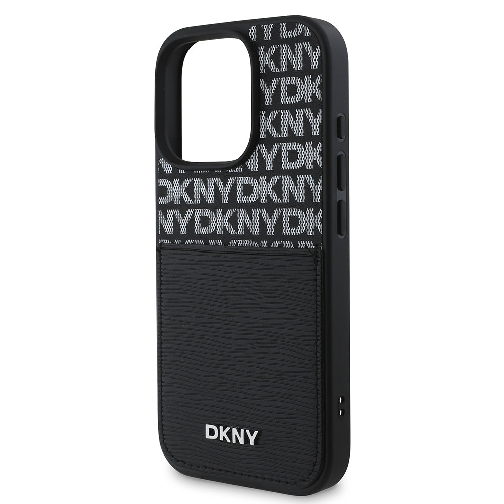 iPhone 16 Pro Max Kılıf DKNY Orjinal Lisanslı Kartlıklı 3D Yazılı Repeat Texture Pattern Kılıf Siyah