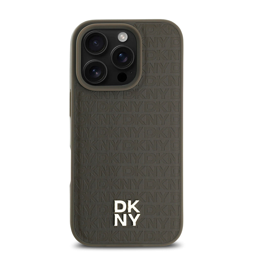 iPhone 16 Pro Max Kılıf DKNY Orjinal Lisanslı Magsafe Şarj Özellikli 3D Yazılı Repeat Pattern Kılıf Kahverengi