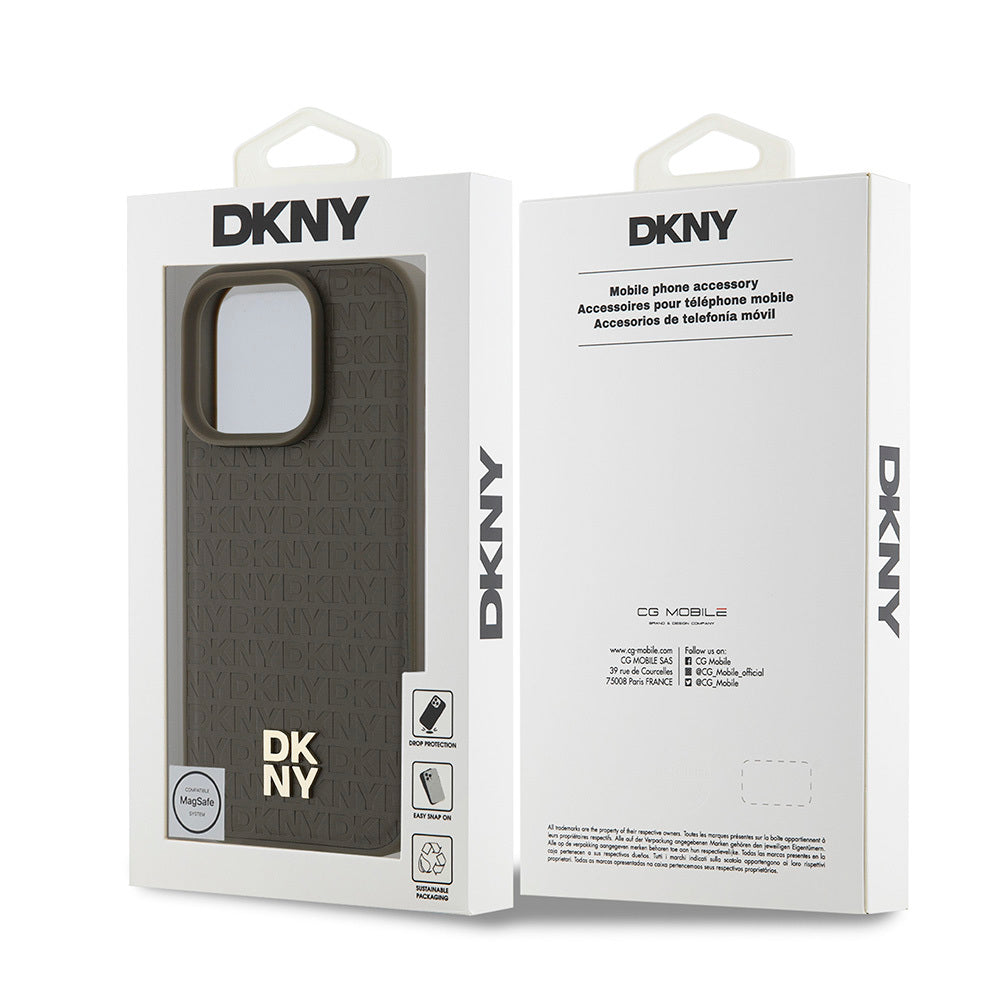 iPhone 16 Pro Max Kılıf DKNY Orjinal Lisanslı Magsafe Şarj Özellikli 3D Yazılı Repeat Pattern Kılıf Kahverengi