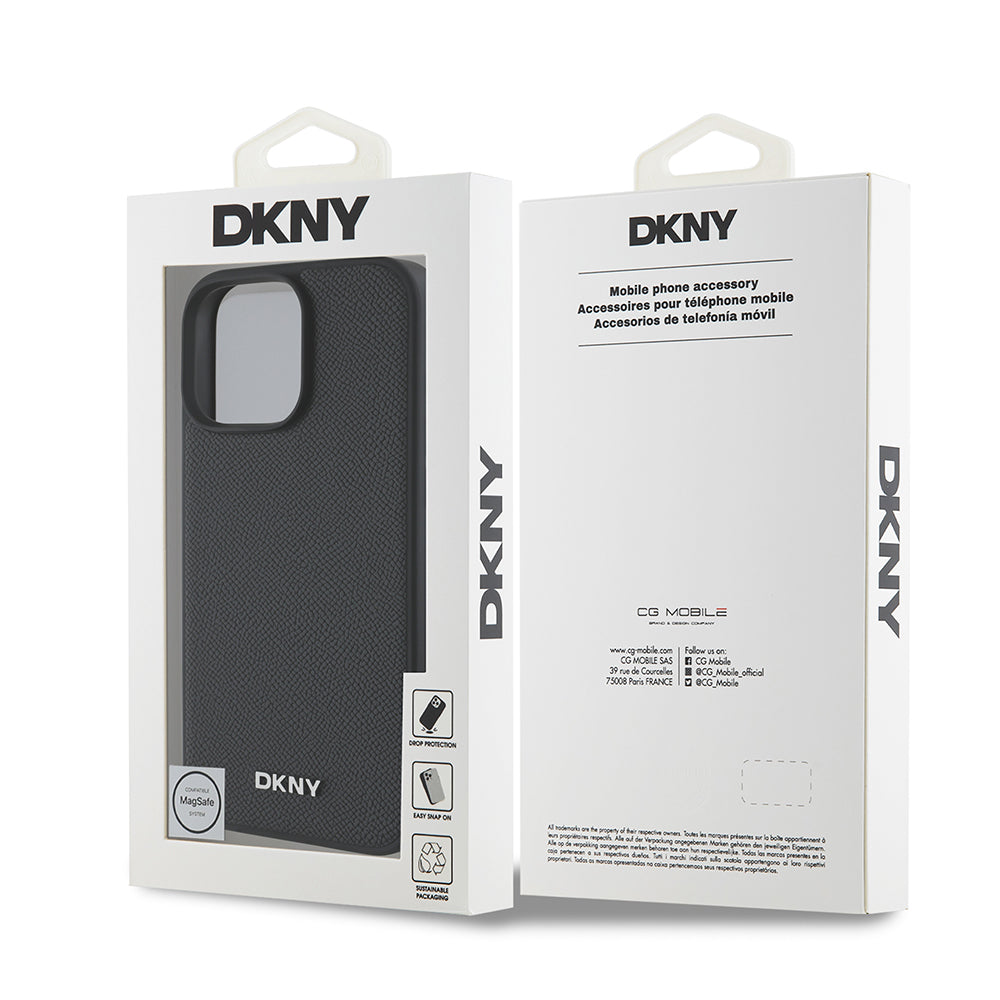 iPhone 16 Pro Max Kılıf DKNY Orjinal Lisanslı Magsafe Şarj Özellikli Metal Logolu PU Deri Grained Kılıf Siyah