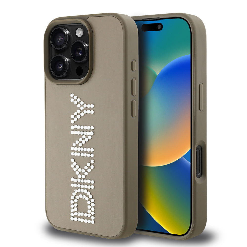 Apple iPhone 16 Pro Max Kılıf DKNY Orjinal Lisanslı Taşlı DKNY Yazılı Metalik Rhinestones PU Deri Kapak Siyah