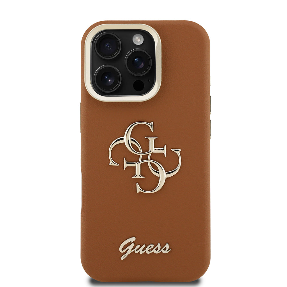Apple iPhone 16 Pro Max Kılıf Guess Orjinal Lisanslı Grained Yazı Logolu Kamera Standlı Kapak Bej