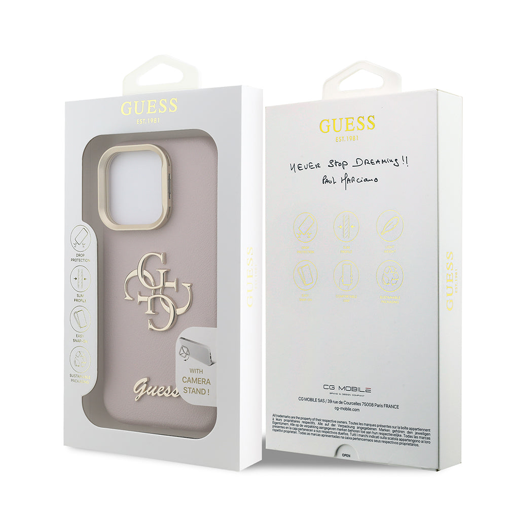 Apple iPhone 16 Pro Max Kılıf Guess Orjinal Lisanslı Grained Yazı Logolu Kamera Standlı Kapak Pembe