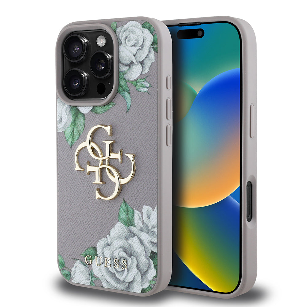 Apple iPhone 16 Pro Max Kılıf Guess Orjinal Lisanslı Gül Baskılı Büyük Metal Logo Dizaynlı Kapak Mor