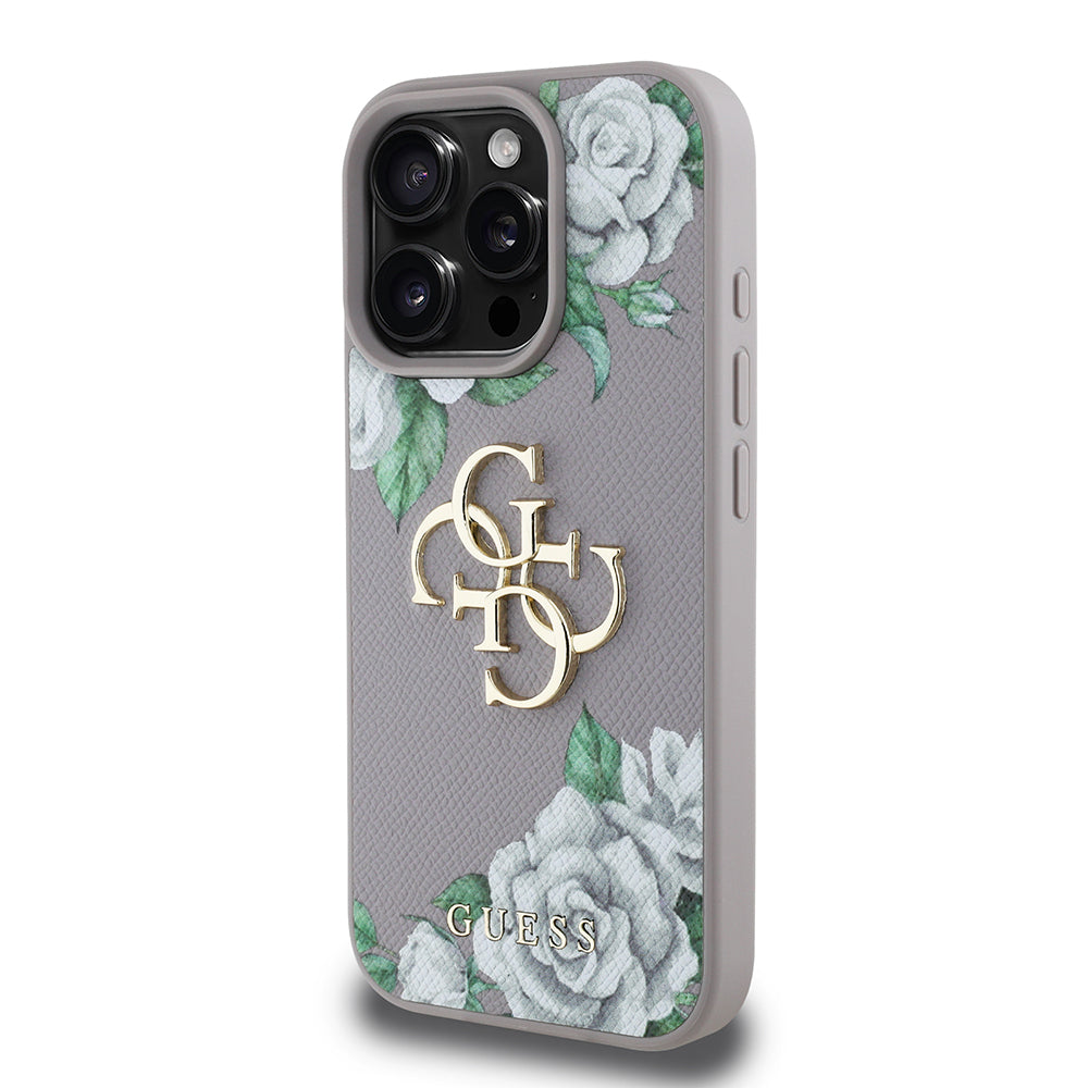 Apple iPhone 16 Pro Max Kılıf Guess Orjinal Lisanslı Gül Baskılı Büyük Metal Logo Dizaynlı Kapak Mor