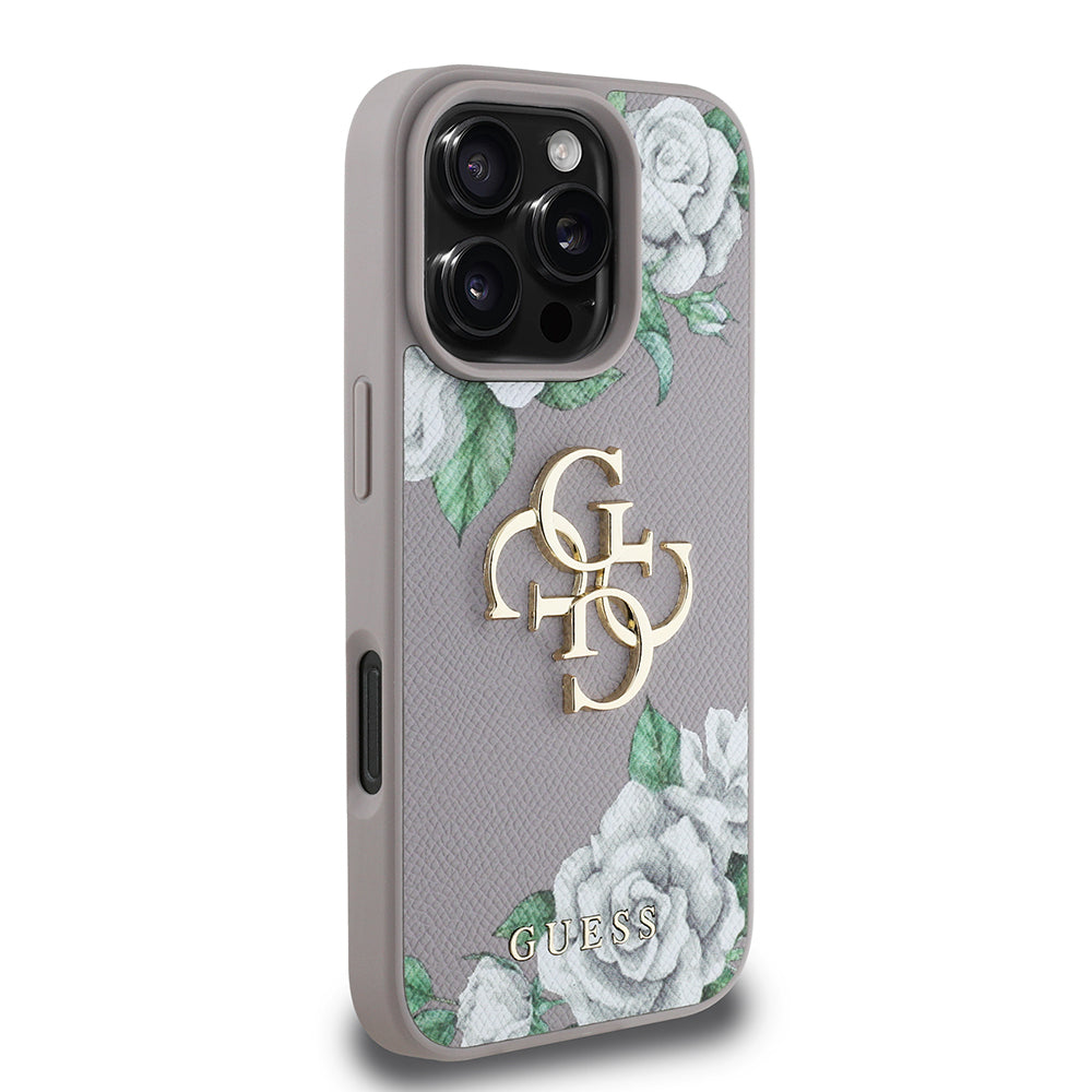 Apple iPhone 16 Pro Max Kılıf Guess Orjinal Lisanslı Gül Baskılı Büyük Metal Logo Dizaynlı Kapak Mor