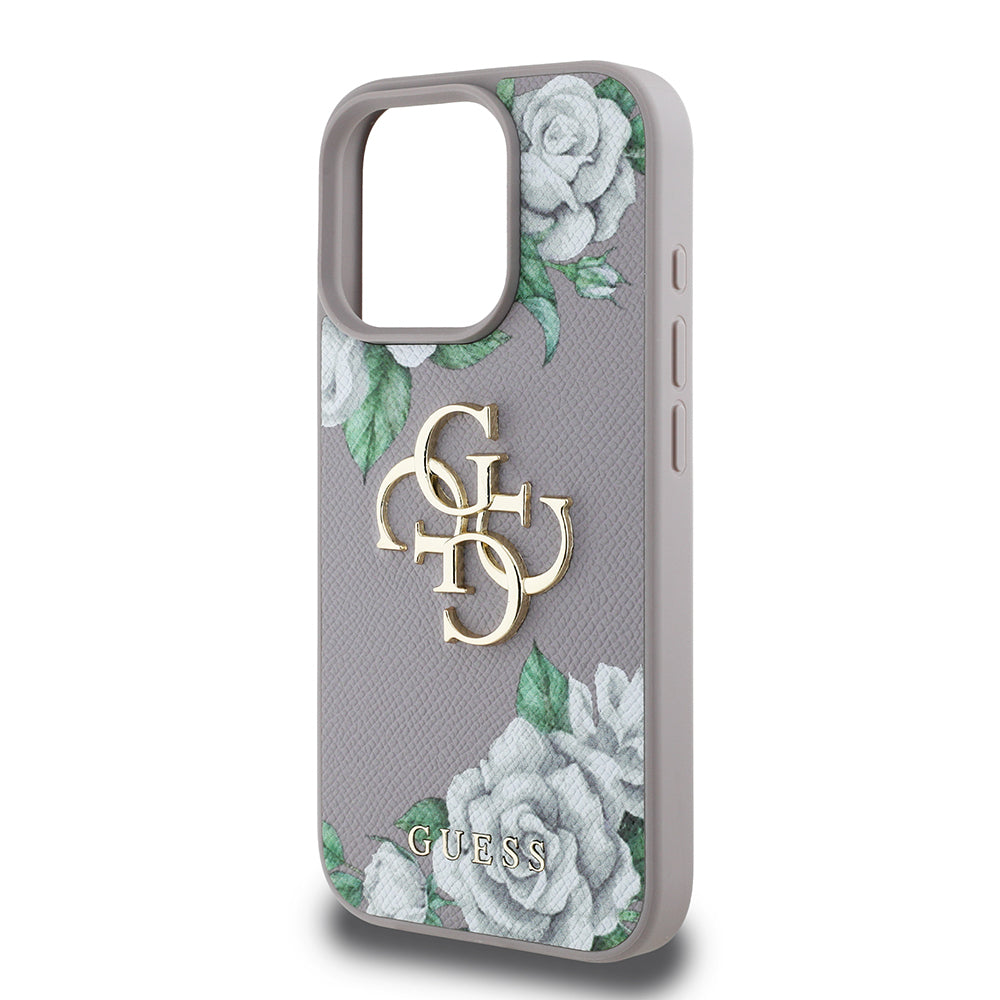 Apple iPhone 16 Pro Max Kılıf Guess Orjinal Lisanslı Gül Baskılı Büyük Metal Logo Dizaynlı Kapak Mor