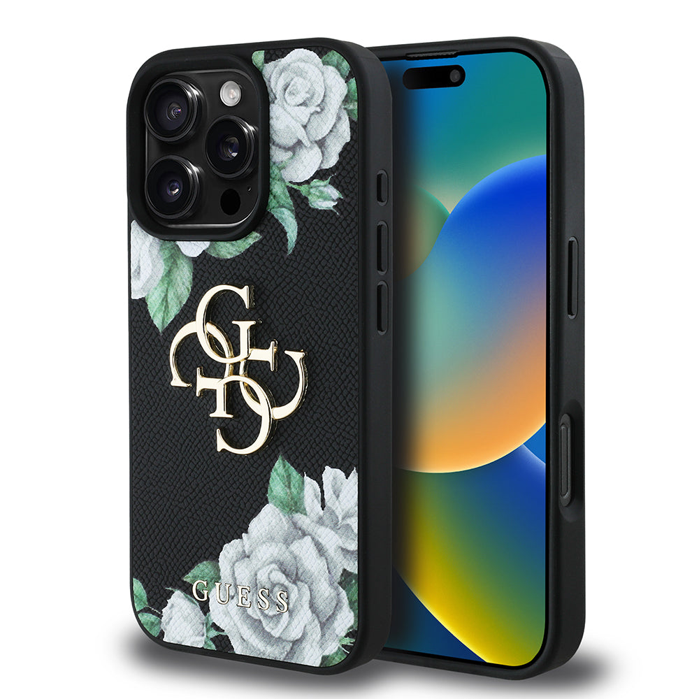 Apple iPhone 16 Pro Max Kılıf Guess Orjinal Lisanslı Gül Baskılı Büyük Metal Logo Dizaynlı Kapak Mor