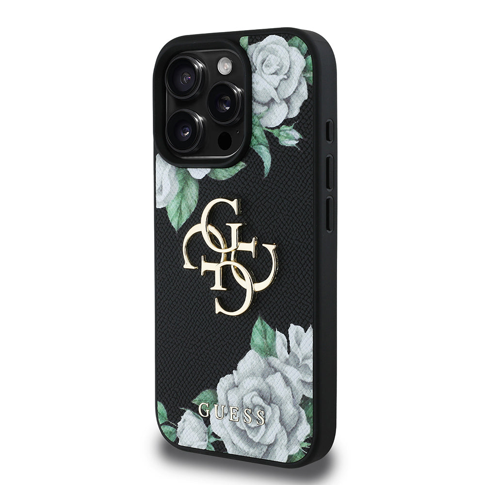 Apple iPhone 16 Pro Max Kılıf Guess Orjinal Lisanslı Gül Baskılı Büyük Metal Logo Dizaynlı Kapak Mor