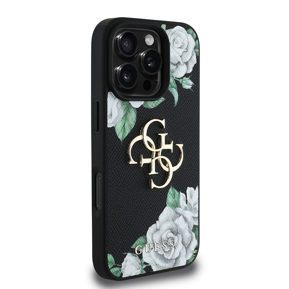 Apple iPhone 16 Pro Max Kılıf Guess Orjinal Lisanslı Gül Baskılı Büyük Metal Logo Dizaynlı Kapak Mor