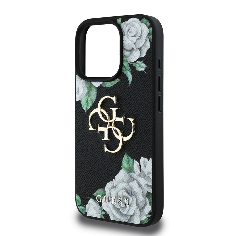 Apple iPhone 16 Pro Max Kılıf Guess Orjinal Lisanslı Gül Baskılı Büyük Metal Logo Dizaynlı Kapak Mor