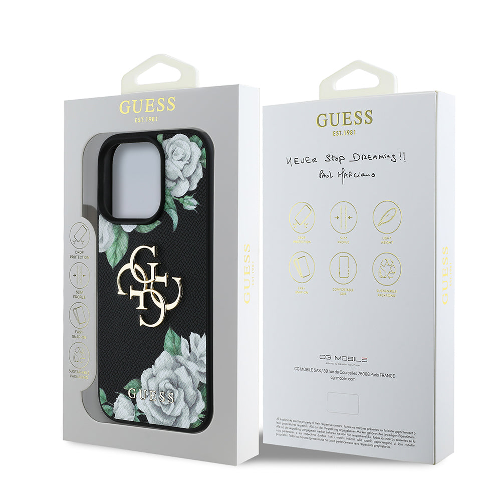 Apple iPhone 16 Pro Max Kılıf Guess Orjinal Lisanslı Gül Baskılı Büyük Metal Logo Dizaynlı Kapak Mor