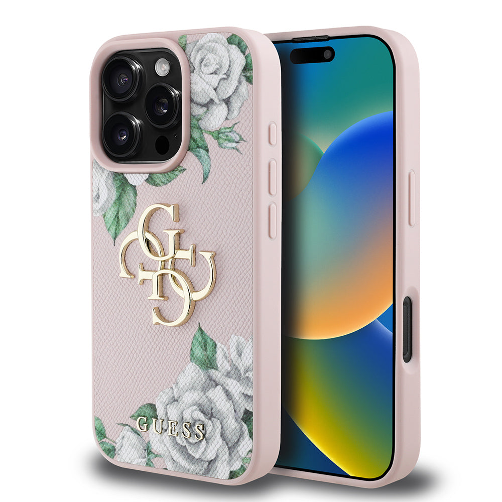 Apple iPhone 16 Pro Max Kılıf Guess Orjinal Lisanslı Gül Baskılı Büyük Metal Logo Dizaynlı Kapak Mor