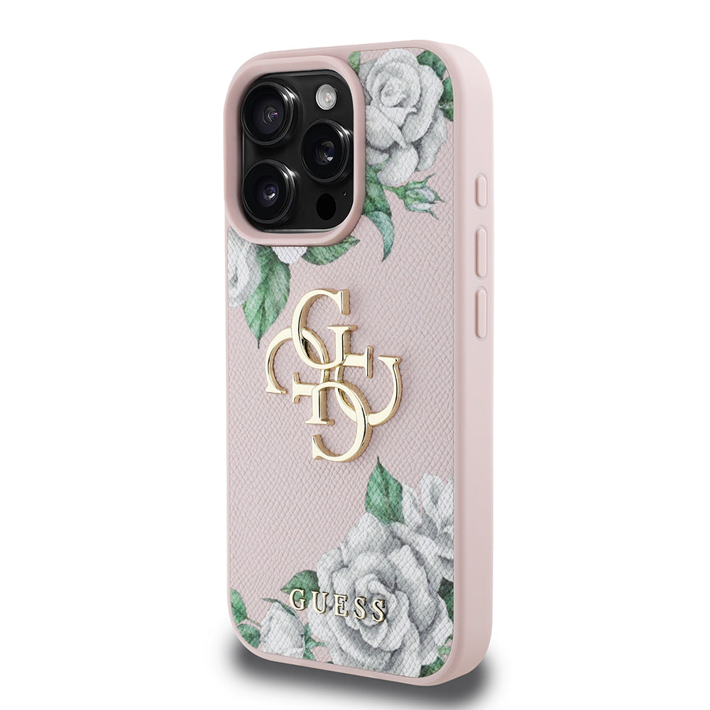 Apple iPhone 16 Pro Max Kılıf Guess Orjinal Lisanslı Gül Baskılı Büyük Metal Logo Dizaynlı Kapak Mor