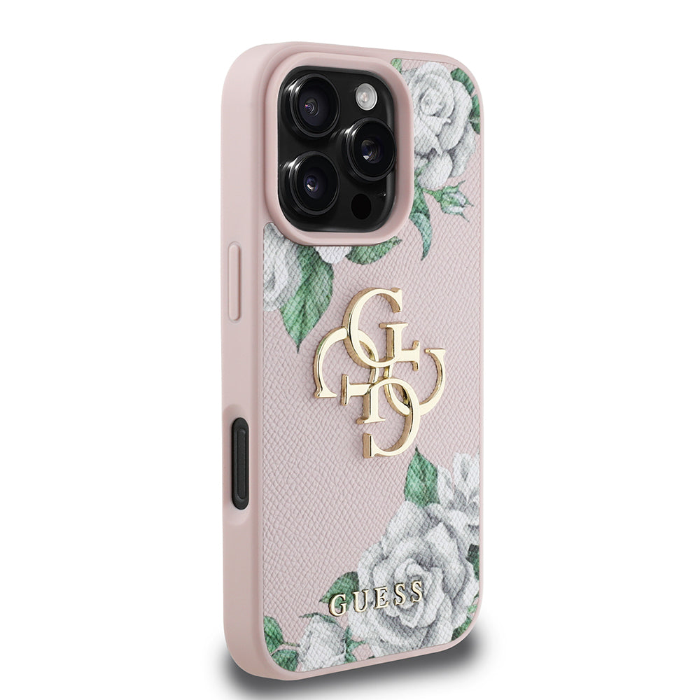 Apple iPhone 16 Pro Max Kılıf Guess Orjinal Lisanslı Gül Baskılı Büyük Metal Logo Dizaynlı Kapak Mor