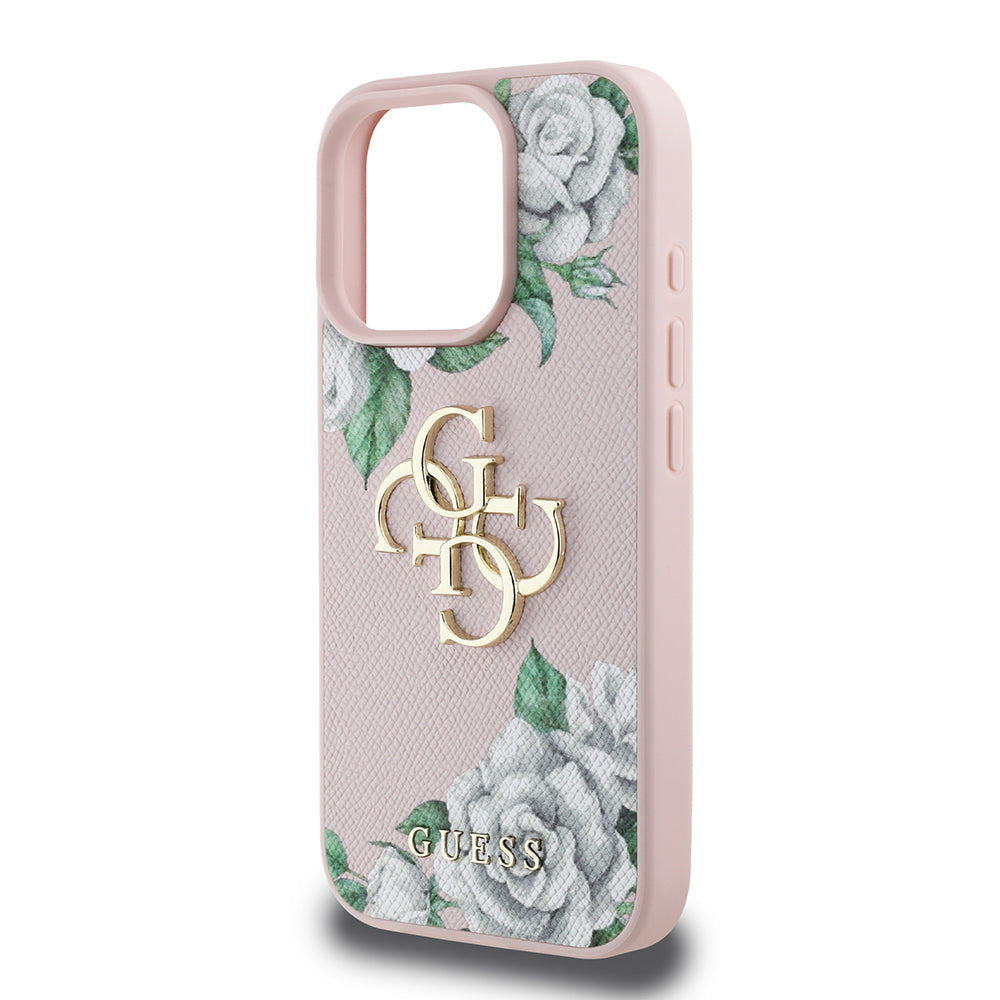 Apple iPhone 16 Pro Max Kılıf Guess Orjinal Lisanslı Gül Baskılı Büyük Metal Logo Dizaynlı Kapak Mor