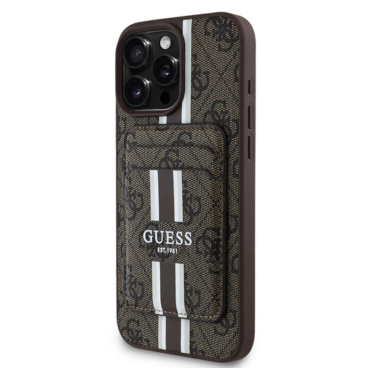 Apple iPhone 16 Pro Max Kılıf Guess Orjinal Lisanslı M-safe Şarj Özellikli 4G Desenli Çizgili Kartlıklı Kapak