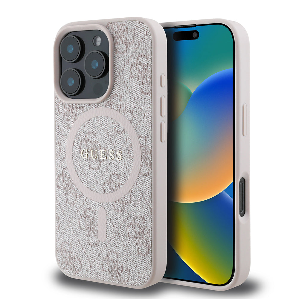 Apple iPhone 16 Pro Max Kılıf Guess Orjinal Lisanslı M-safe Şarj Özellikli PU Halkalı 4G Desenli Yazı Logolu Kapak Pembe