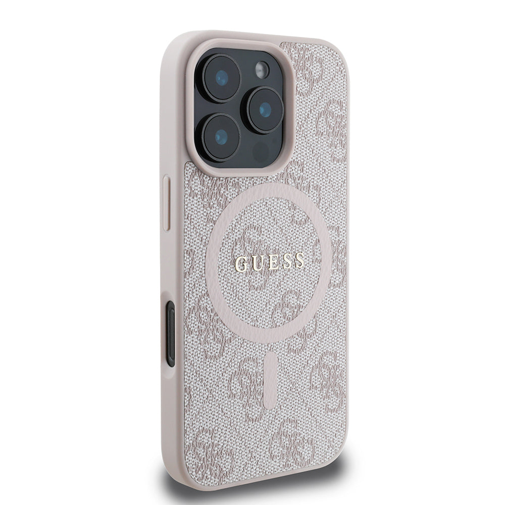 Apple iPhone 16 Pro Max Kılıf Guess Orjinal Lisanslı M-safe Şarj Özellikli PU Halkalı 4G Desenli Yazı Logolu Kapak Kahverengi