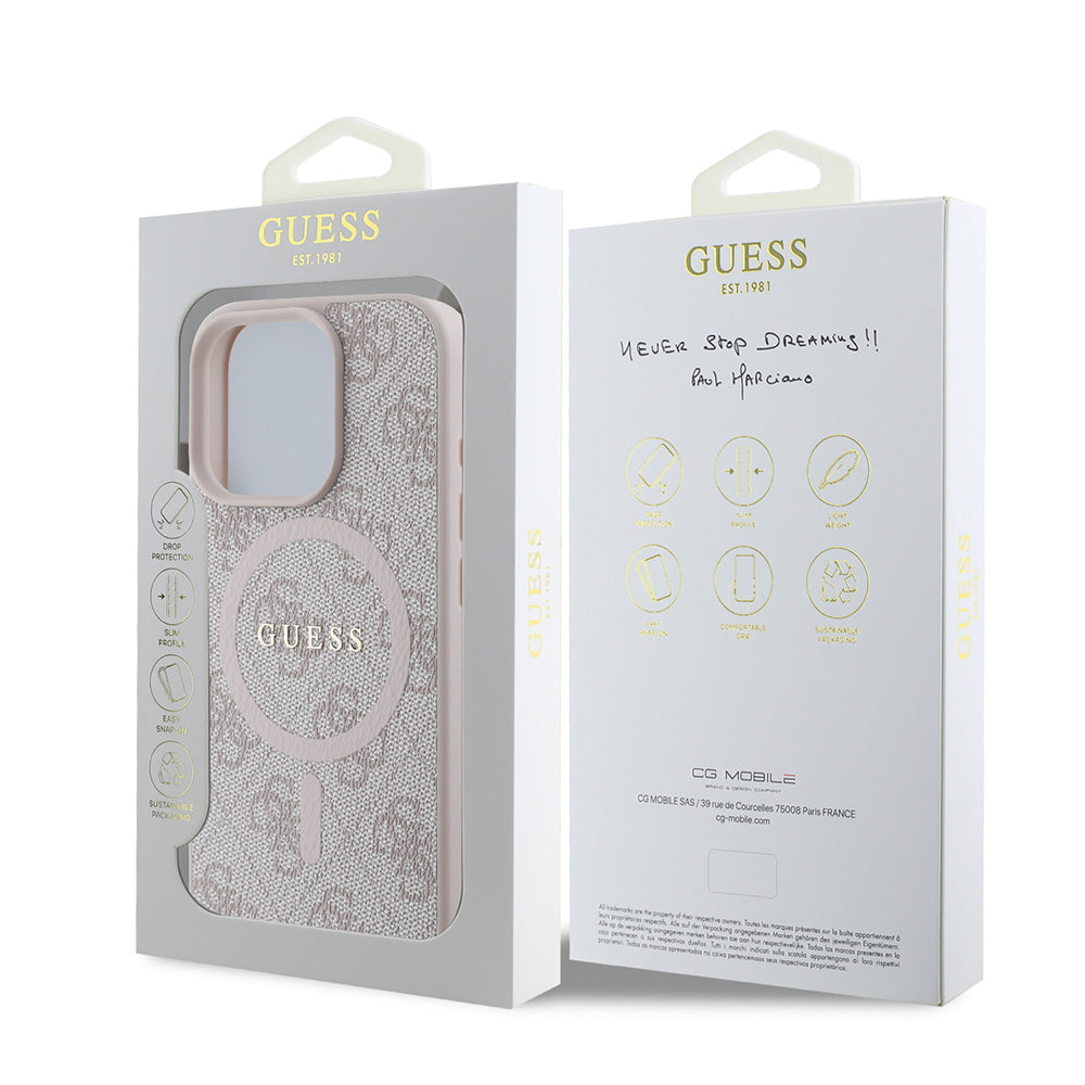 Apple iPhone 16 Pro Max Kılıf Guess Orjinal Lisanslı M-safe Şarj Özellikli PU Halkalı 4G Desenli Yazı Logolu Kapak Pembe