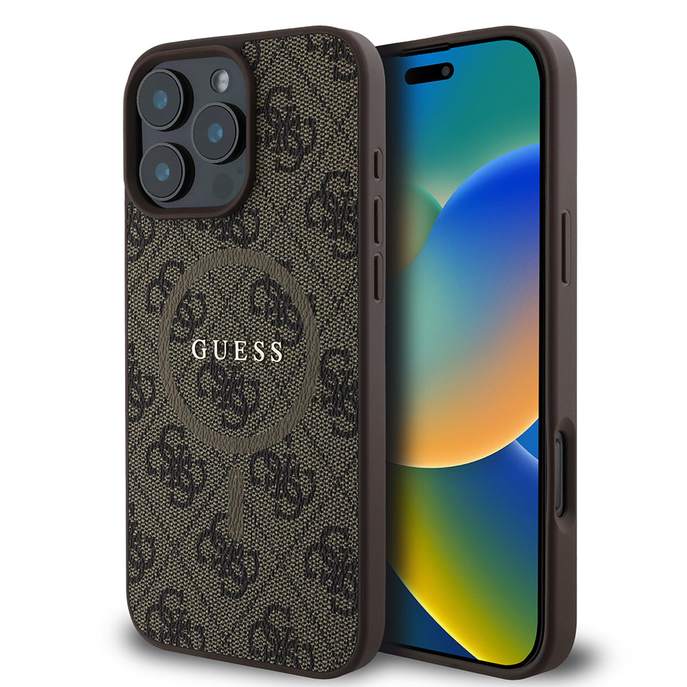 Apple iPhone 16 Pro Max Kılıf Guess Orjinal Lisanslı M-safe Şarj Özellikli PU Halkalı 4G Desenli Yazı Logolu Kapak Kahverengi