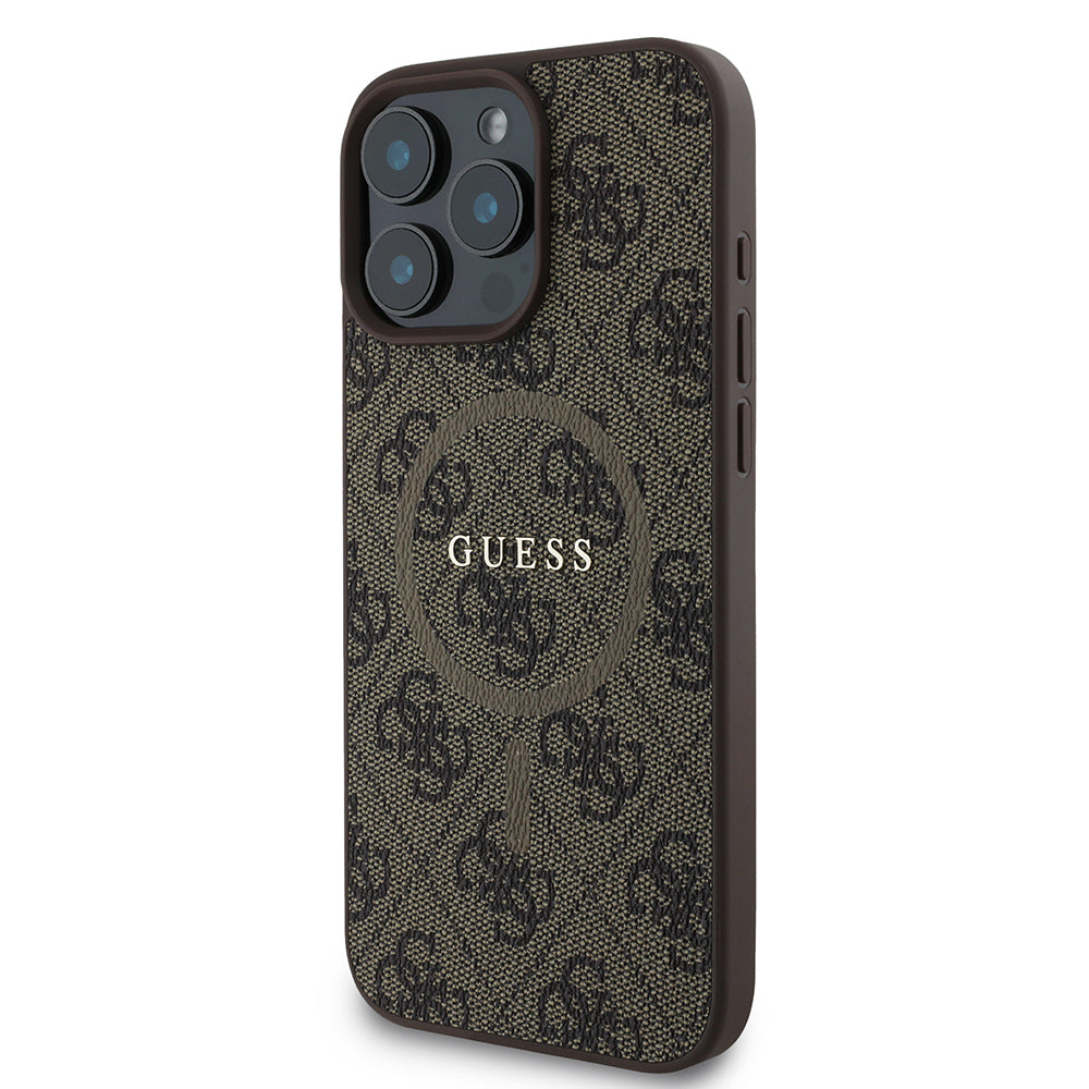 Apple iPhone 16 Pro Max Kılıf Guess Orjinal Lisanslı M-safe Şarj Özellikli PU Halkalı 4G Desenli Yazı Logolu Kapak Kahverengi