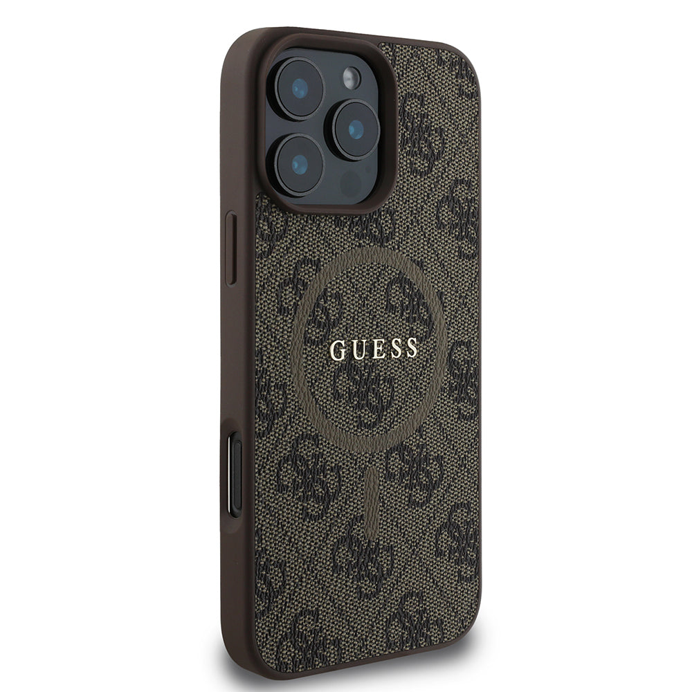 Apple iPhone 16 Pro Max Kılıf Guess Orjinal Lisanslı M-safe Şarj Özellikli PU Halkalı 4G Desenli Yazı Logolu Kapak Kahverengi