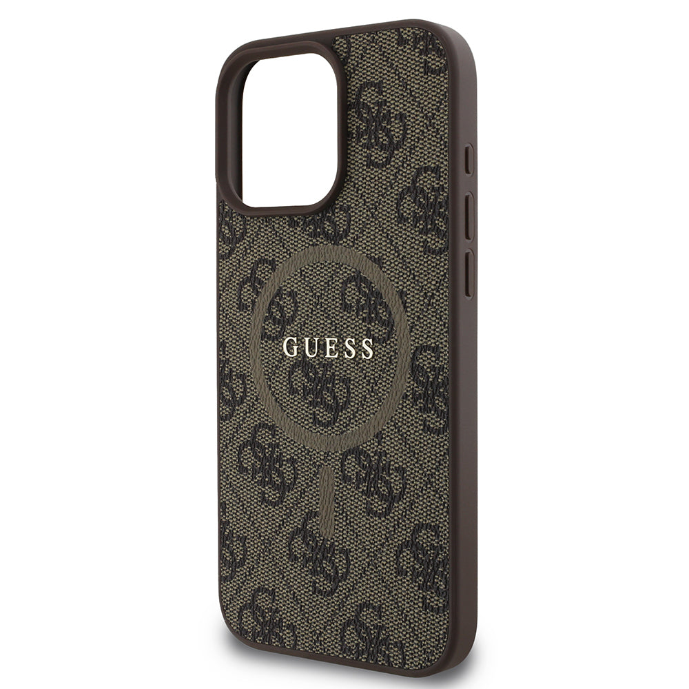 Apple iPhone 16 Pro Max Kılıf Guess Orjinal Lisanslı M-safe Şarj Özellikli PU Halkalı 4G Desenli Yazı Logolu Kapak Pembe