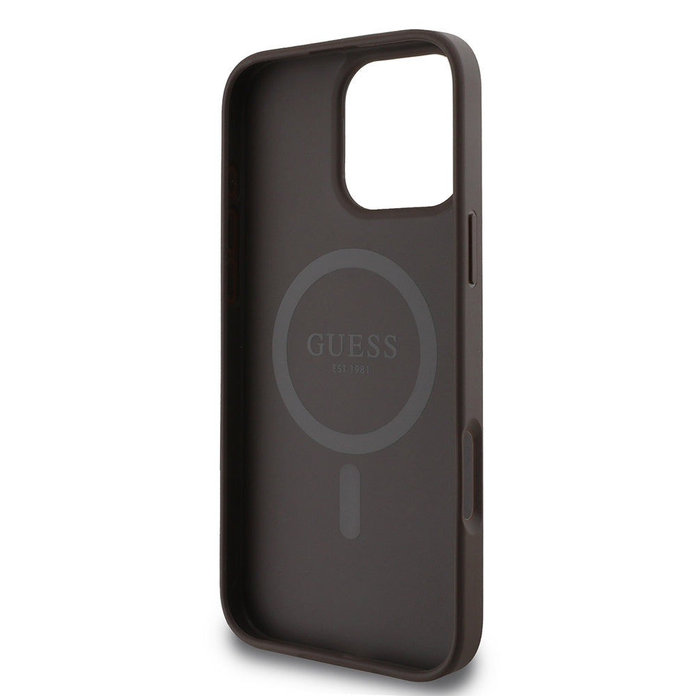 Apple iPhone 16 Pro Max Kılıf Guess Orjinal Lisanslı M-safe Şarj Özellikli PU Halkalı 4G Desenli Yazı Logolu Kapak Kahverengi