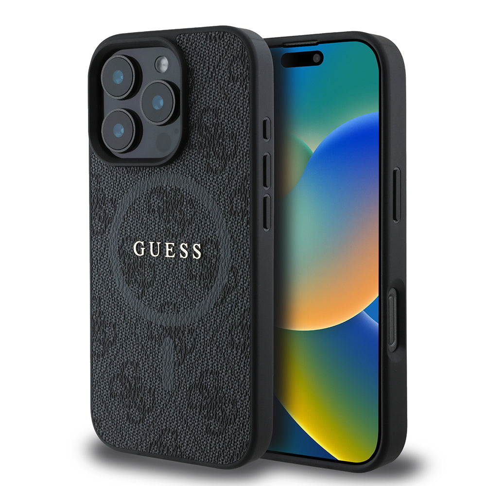Apple iPhone 16 Pro Max Kılıf Guess Orjinal Lisanslı M-safe Şarj Özellikli PU Halkalı 4G Desenli Yazı Logolu Kapak Pembe