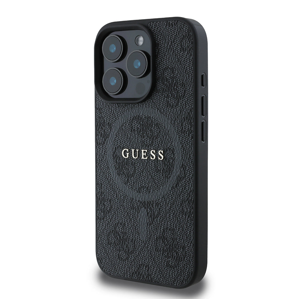 Apple iPhone 16 Pro Max Kılıf Guess Orjinal Lisanslı M-safe Şarj Özellikli PU Halkalı 4G Desenli Yazı Logolu Kapak Kahverengi