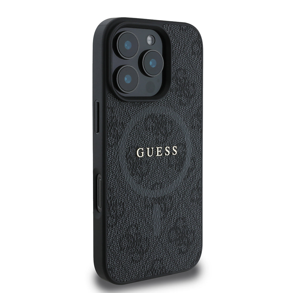 Apple iPhone 16 Pro Max Kılıf Guess Orjinal Lisanslı M-safe Şarj Özellikli PU Halkalı 4G Desenli Yazı Logolu Kapak Kahverengi