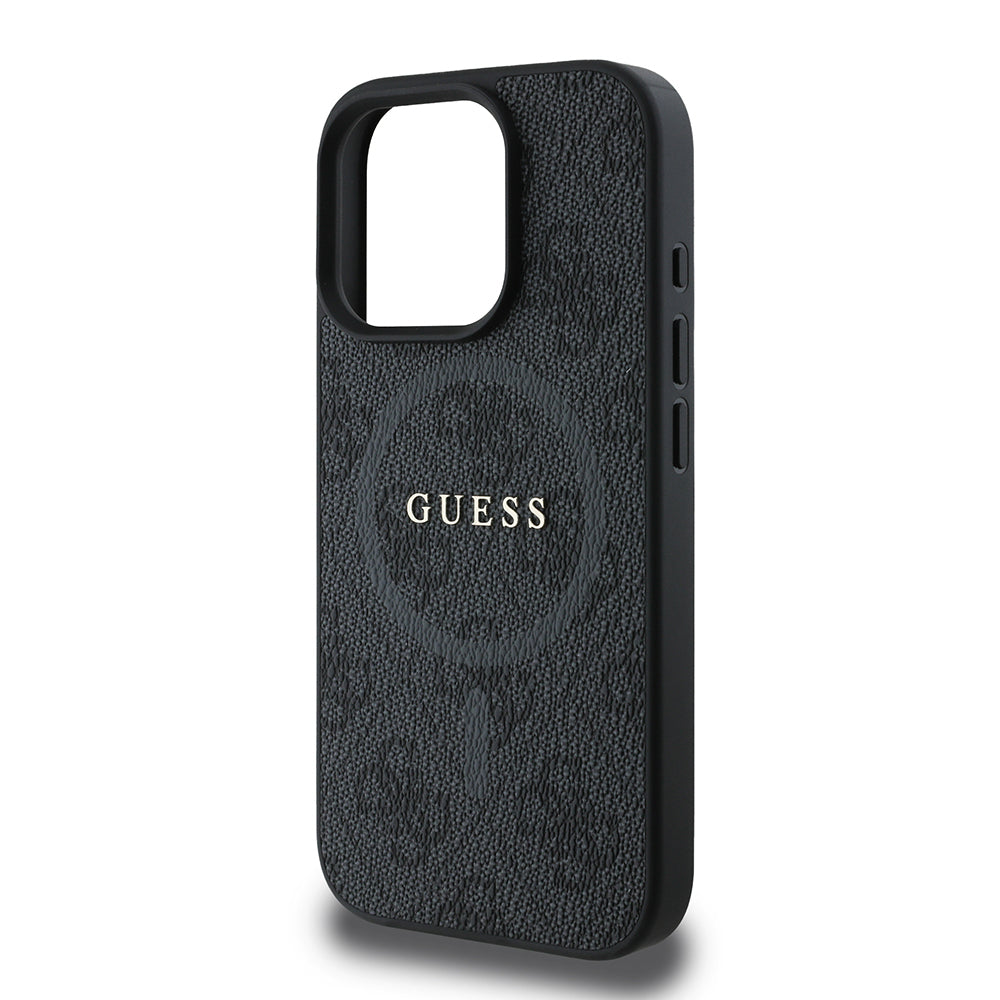 Apple iPhone 16 Pro Max Kılıf Guess Orjinal Lisanslı M-safe Şarj Özellikli PU Halkalı 4G Desenli Yazı Logolu Kapak Kahverengi