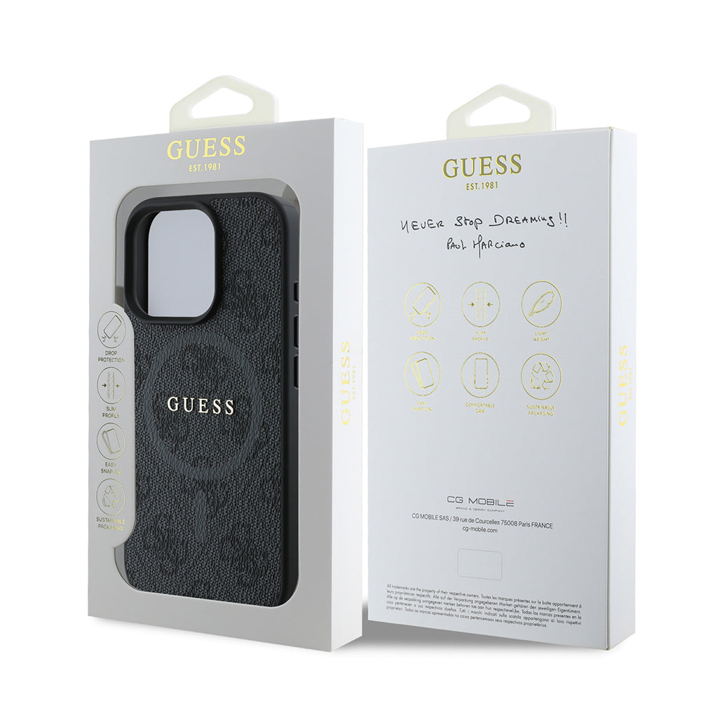 Apple iPhone 16 Pro Max Kılıf Guess Orjinal Lisanslı M-safe Şarj Özellikli PU Halkalı 4G Desenli Yazı Logolu Kapak Pembe