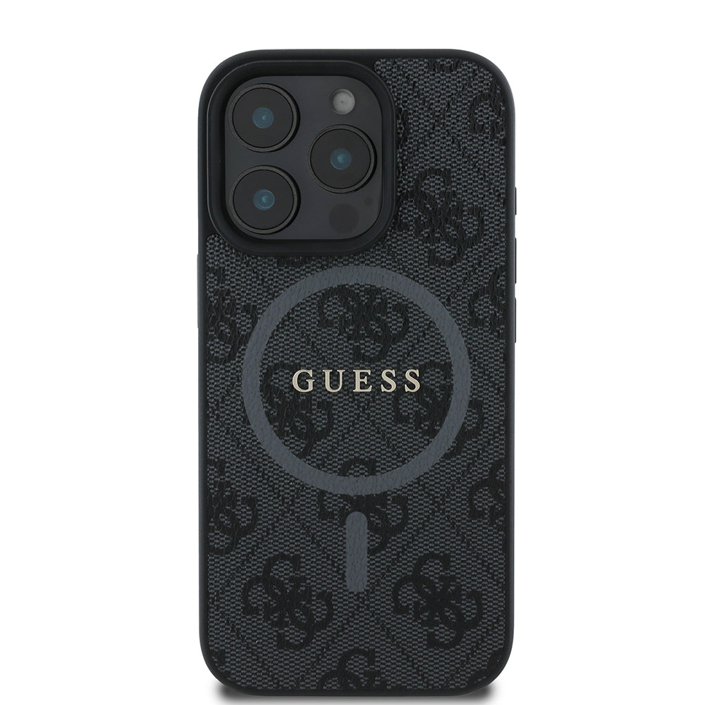 Apple iPhone 16 Pro Max Kılıf Guess Orjinal Lisanslı M-safe Şarj Özellikli PU Halkalı 4G Desenli Yazı Logolu Kapak Siyah