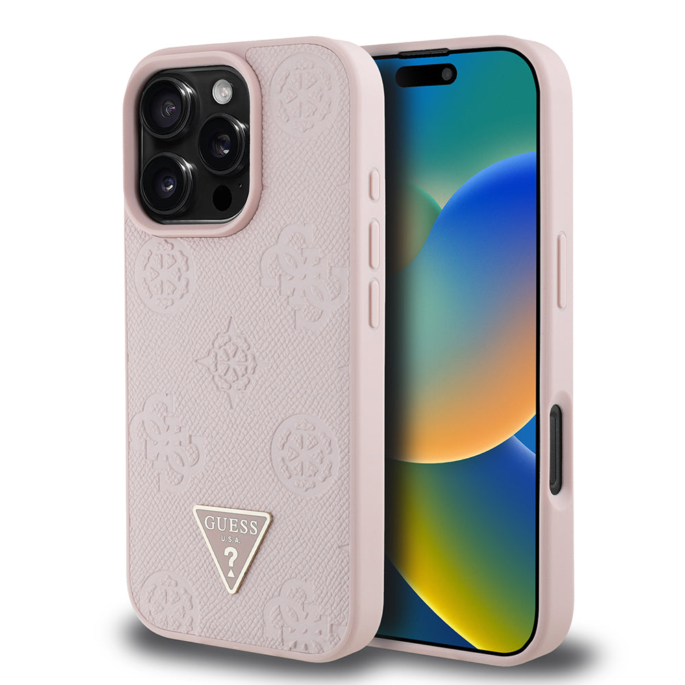 Apple iPhone 16 Pro Max Kılıf Guess Orjinal Lisanslı M-safe Şarj Özellikli Sıcak Baskılı Üçgen Logolu PU Deri Peony Kapak Kahverengi