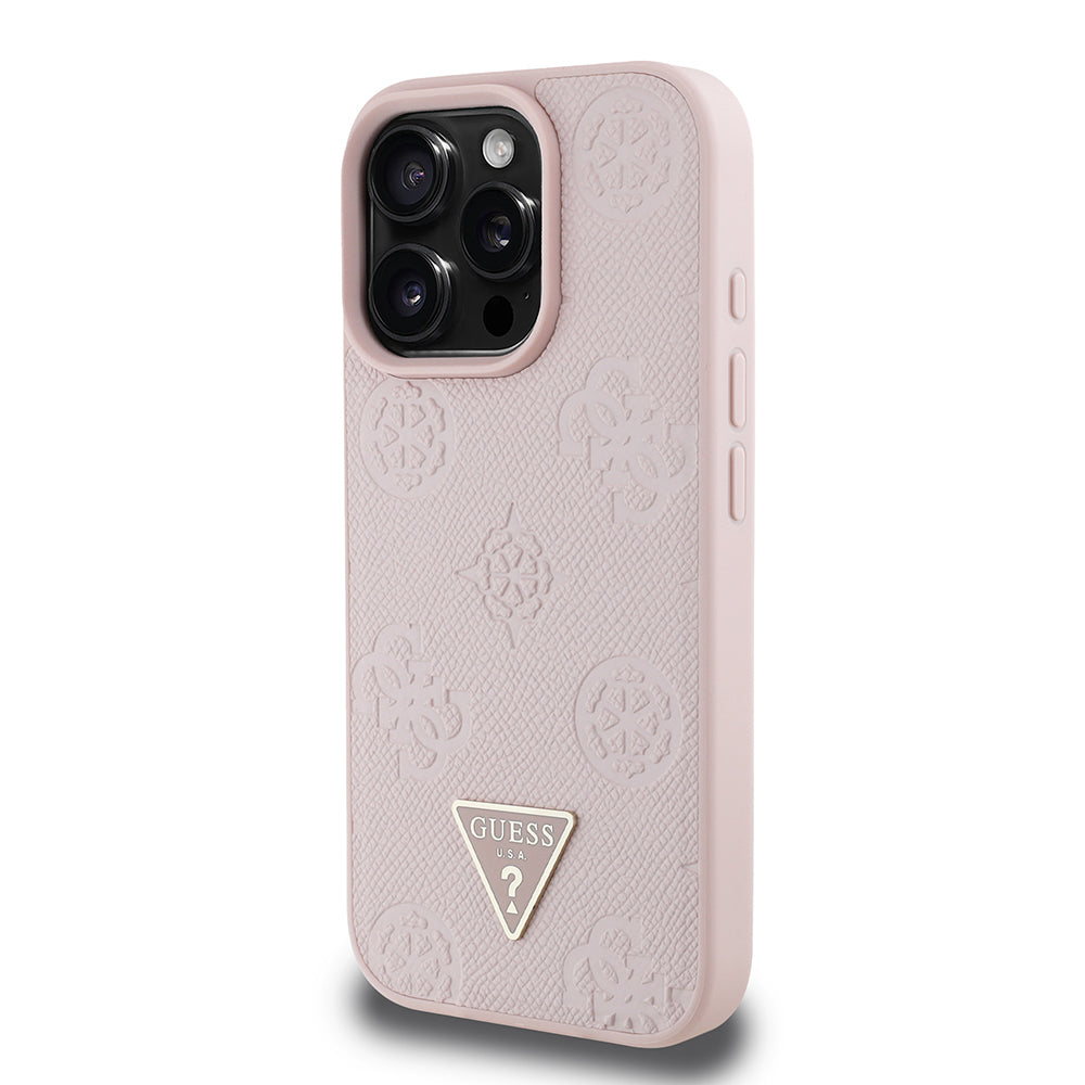 Apple iPhone 16 Pro Max Kılıf Guess Orjinal Lisanslı M-safe Şarj Özellikli Sıcak Baskılı Üçgen Logolu PU Deri Peony Kapak Pembe