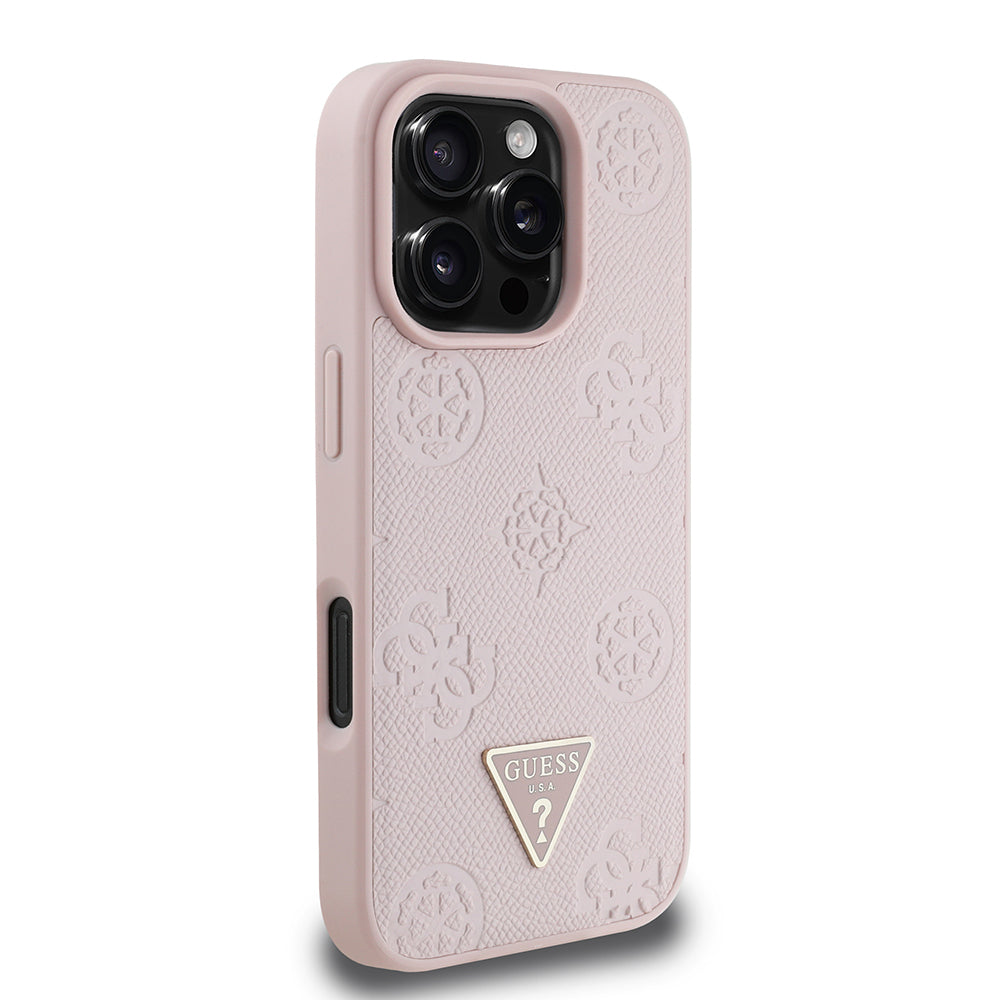 Apple iPhone 16 Pro Max Kılıf Guess Orjinal Lisanslı M-safe Şarj Özellikli Sıcak Baskılı Üçgen Logolu PU Deri Peony Kapak Kahverengi