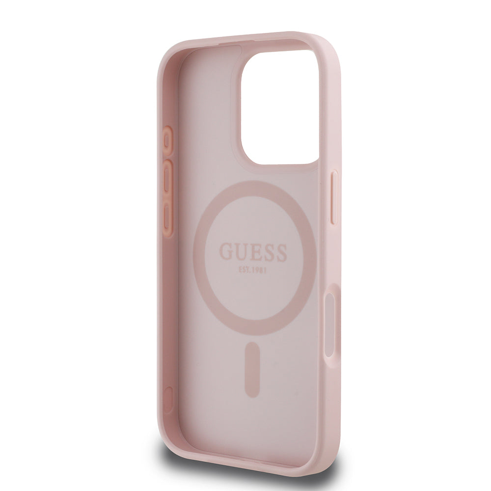 Apple iPhone 16 Pro Max Kılıf Guess Orjinal Lisanslı M-safe Şarj Özellikli Sıcak Baskılı Üçgen Logolu PU Deri Peony Kapak Kahverengi