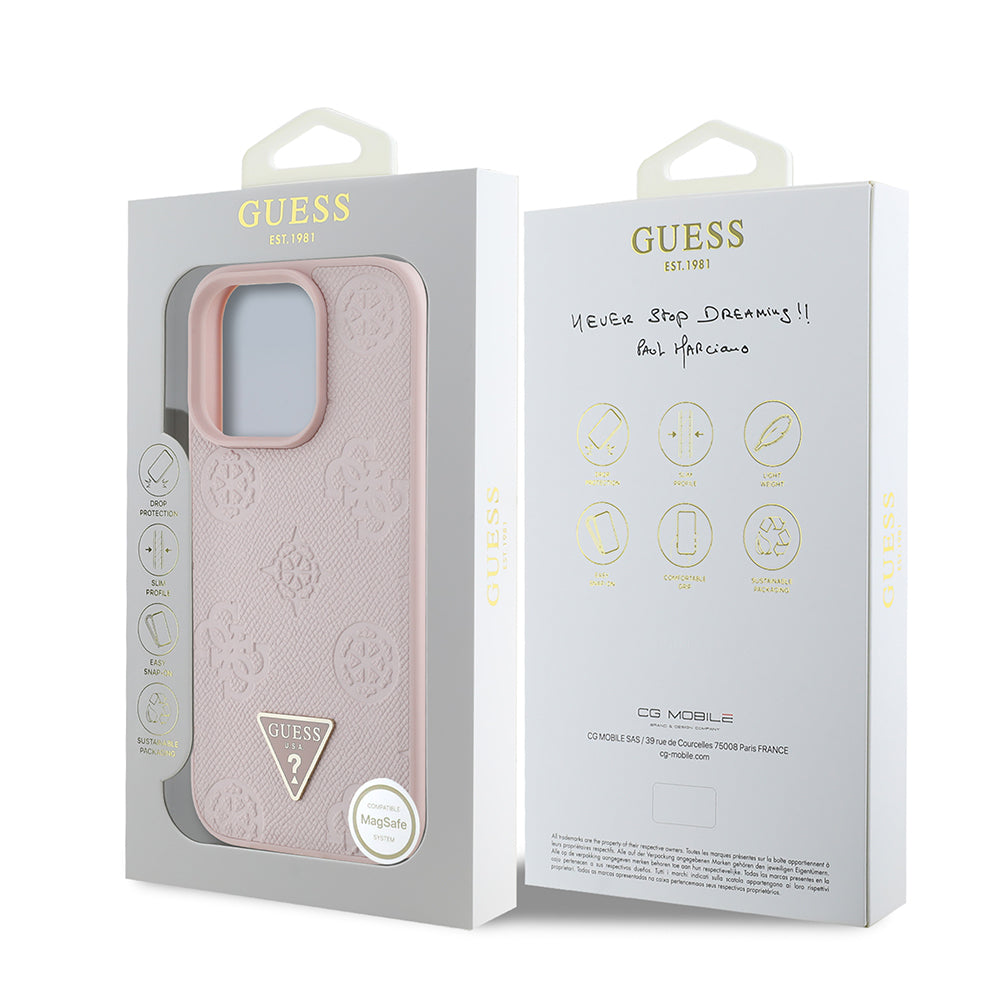 Apple iPhone 16 Pro Max Kılıf Guess Orjinal Lisanslı M-safe Şarj Özellikli Sıcak Baskılı Üçgen Logolu PU Deri Peony Kapak Kahverengi