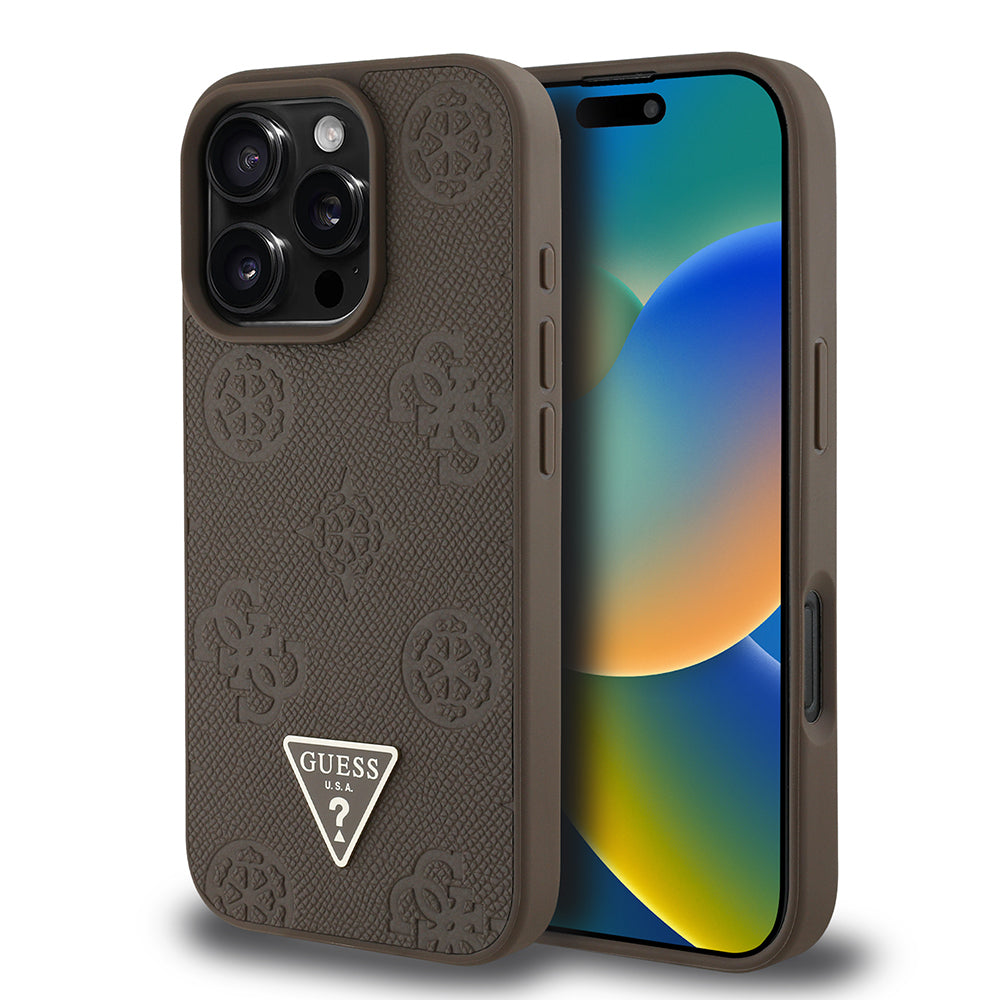 Apple iPhone 16 Pro Max Kılıf Guess Orjinal Lisanslı M-safe Şarj Özellikli Sıcak Baskılı Üçgen Logolu PU Deri Peony Kapak Kahverengi