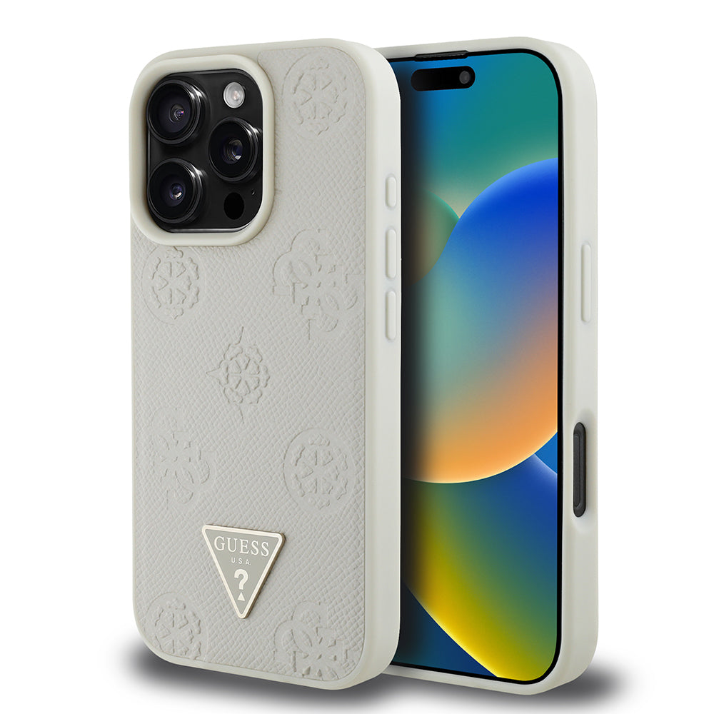 Apple iPhone 16 Pro Max Kılıf Guess Orjinal Lisanslı M-safe Şarj Özellikli Sıcak Baskılı Üçgen Logolu PU Deri Peony Kapak Kahverengi