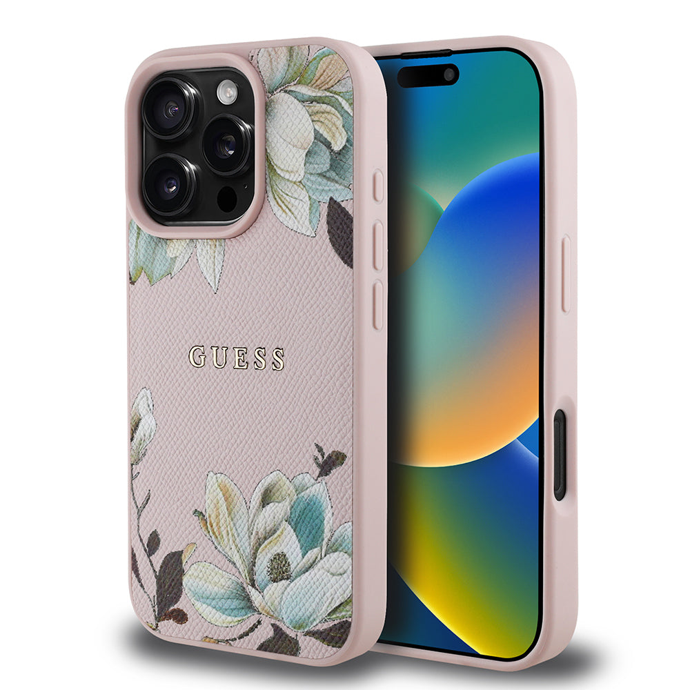 Apple iPhone 16 Pro Max Kılıf Guess Orjinal Lisanslı M-safe Şarj Özellikli Taneli Çiçek Tasarımlı Metal Yazı Logolu Kapak Siyah