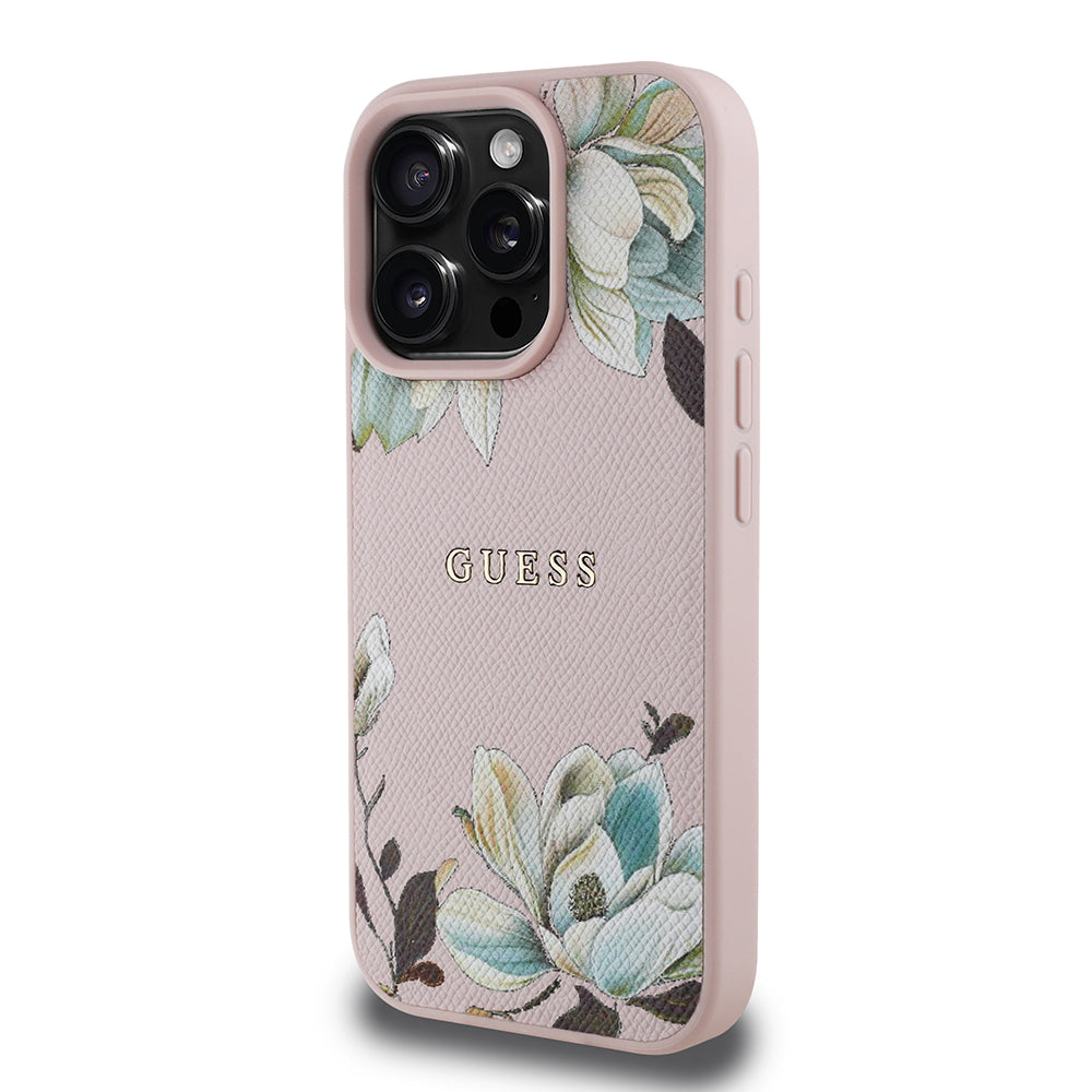 Apple iPhone 16 Pro Max Kılıf Guess Orjinal Lisanslı M-safe Şarj Özellikli Taneli Çiçek Tasarımlı Metal Yazı Logolu Kapak Siyah